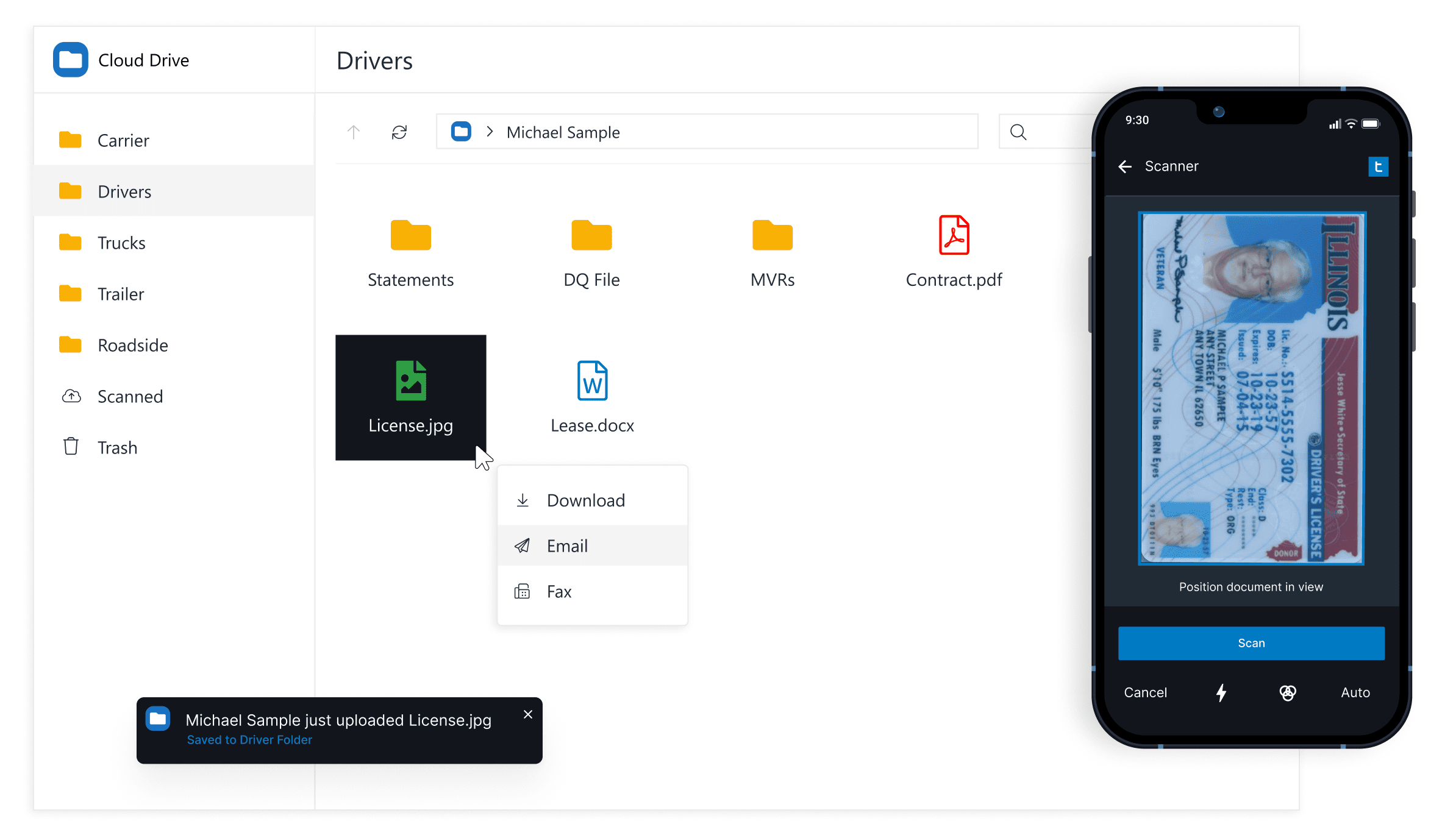 Trucking document management screenshot with Trucking Hub Mobile app showing driver scanning and uploading his driver's license to back office.