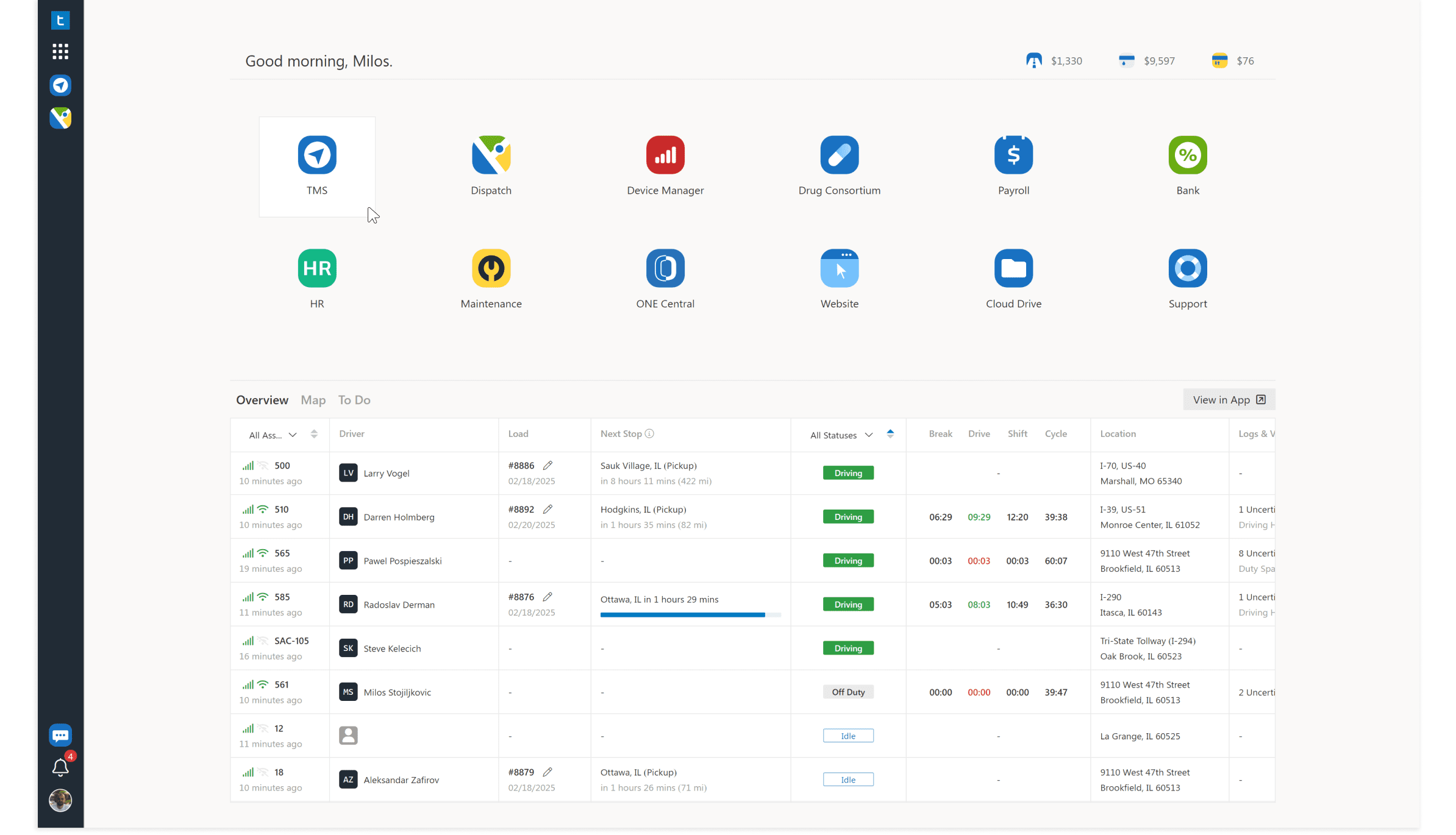 TMS Software screenshot showing TMS, Dispatch, Maintenance and other applications for transportation management.