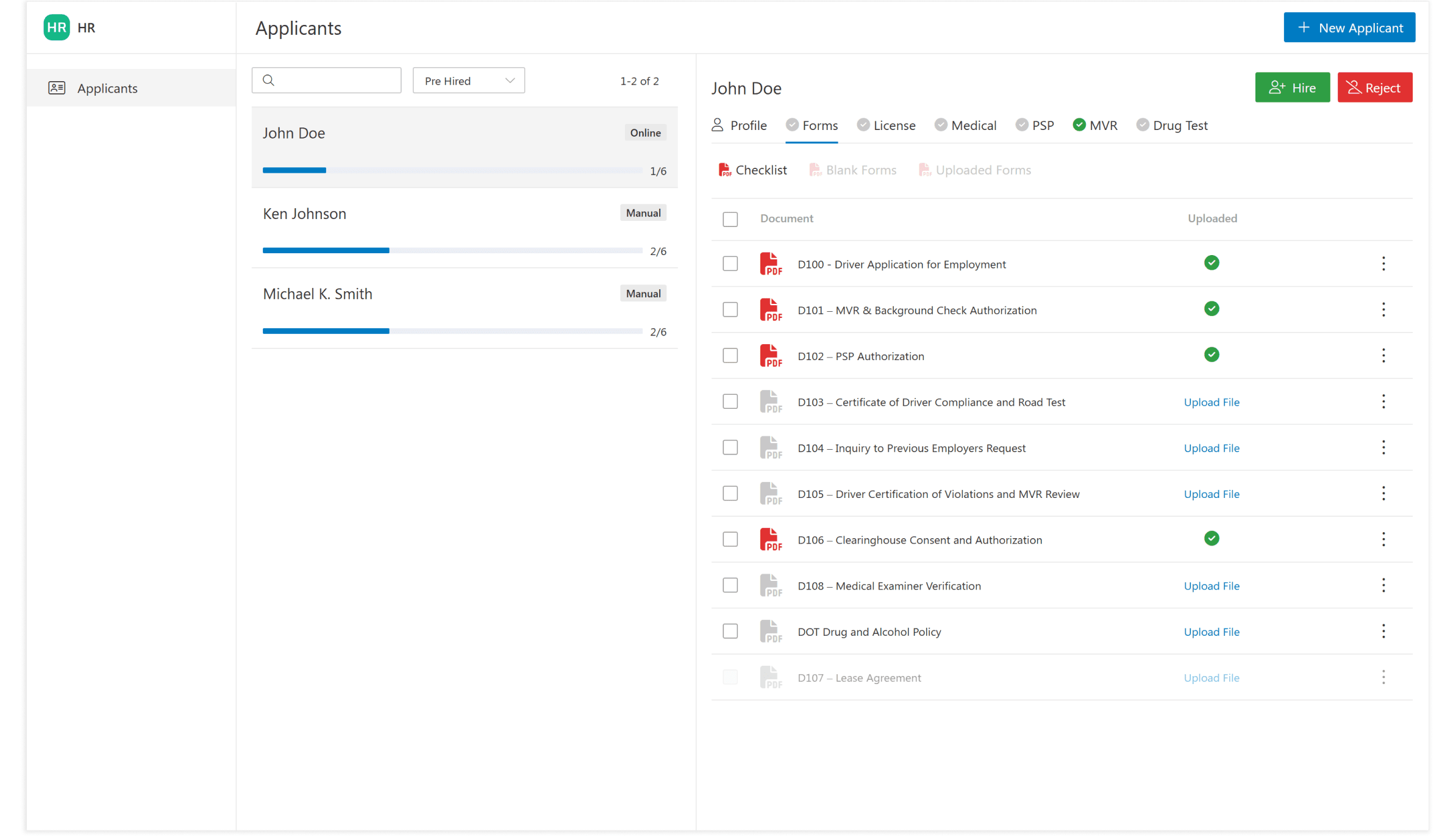 Truck Driver Recruiting Software showing driver application in inbox with entire driver qualification file open showing what is missing.